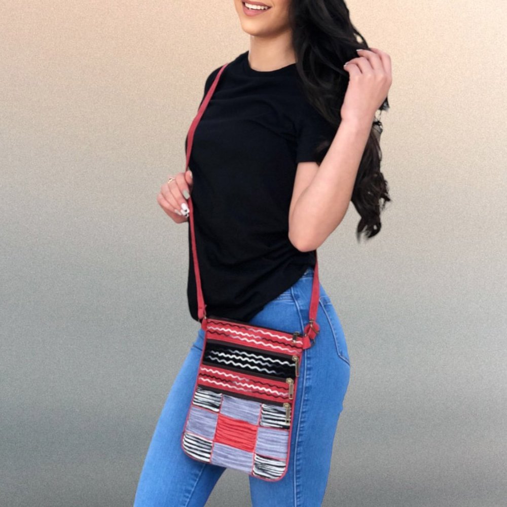 Red and Grey Embroidered Purse Block Pattern